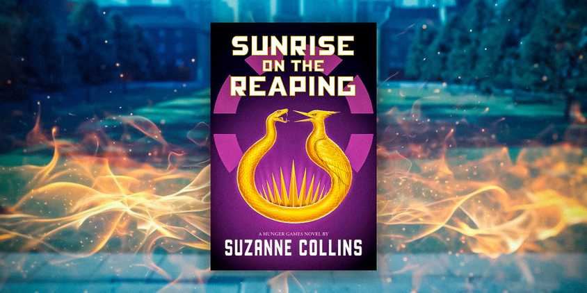 Custom image of the Sunrise on the Reaping book cover with flames in the background