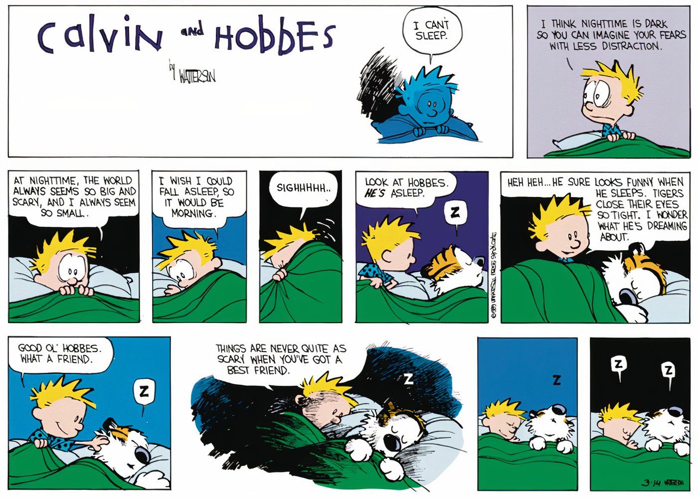 Hobbes making Calvin feel safe at bedtime in Calvin and Hobbes.