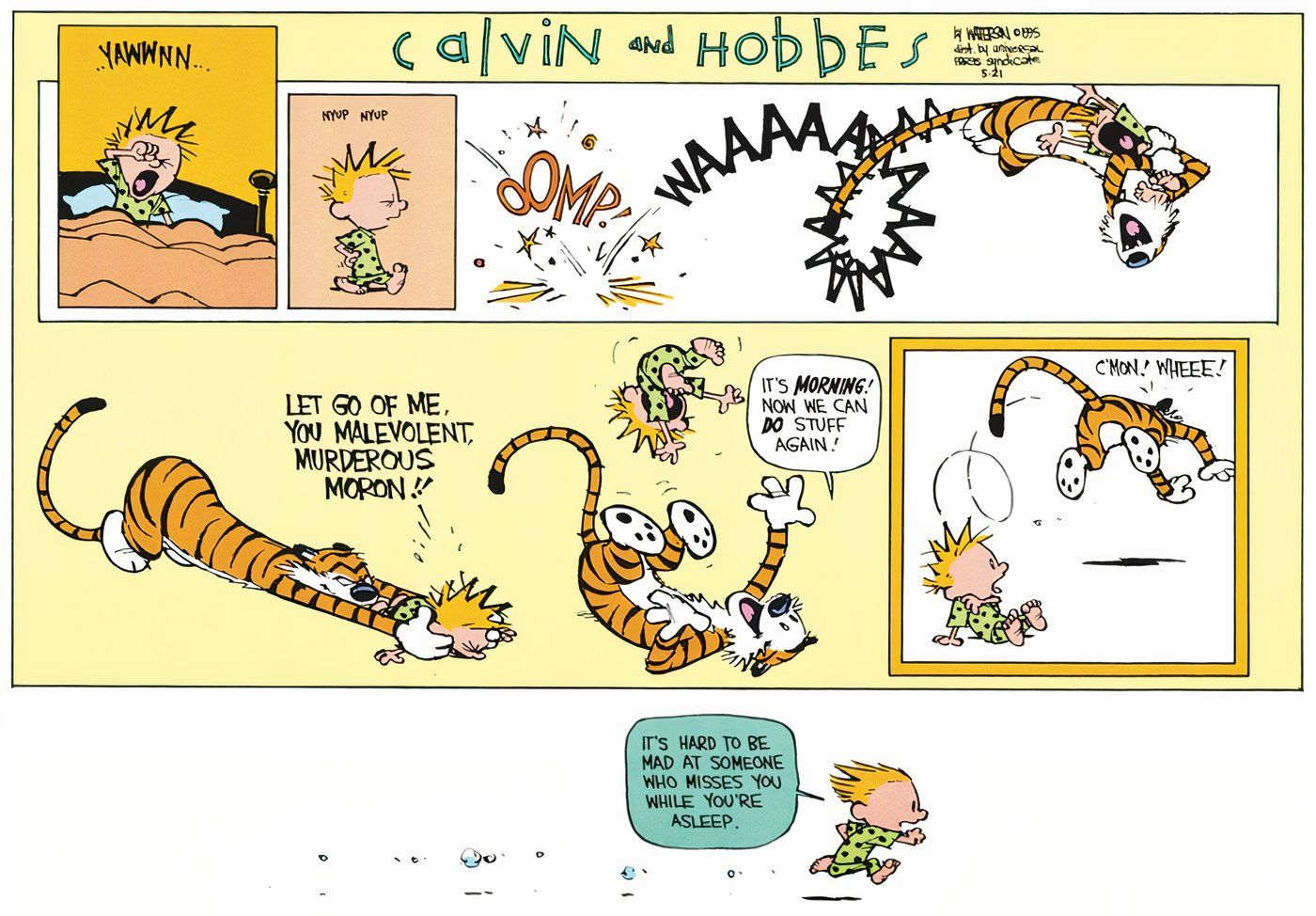 Hobbes tackling Calvin in Calvin and Hobbes.