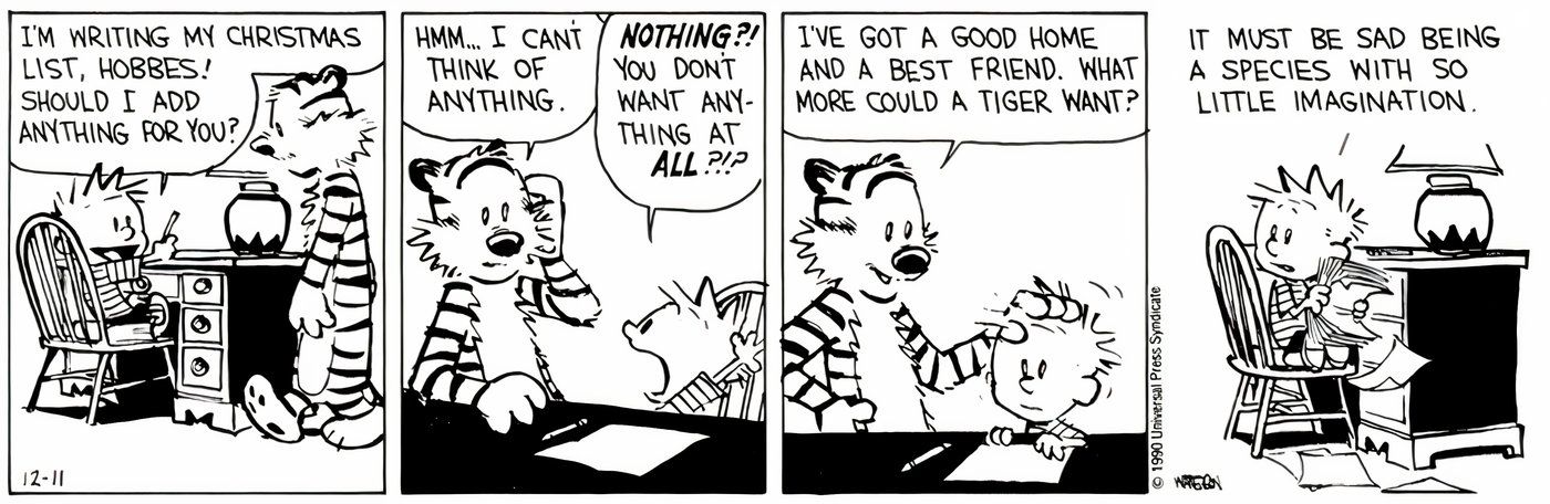 Calvin and Hobbes writing a letter to Santa.