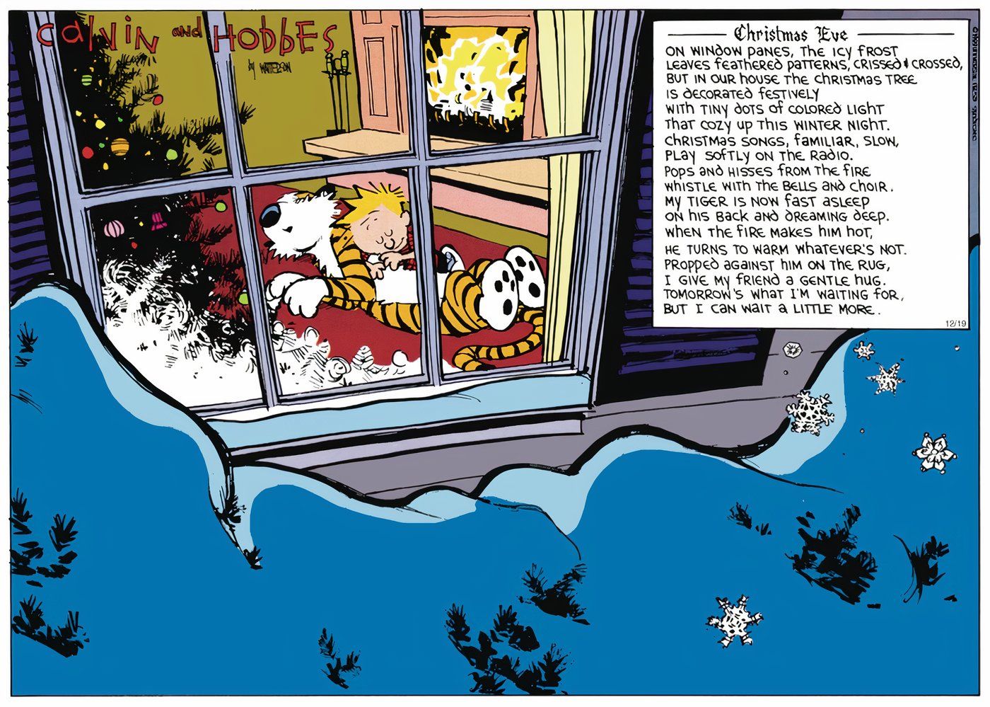 Calvin and Hobbes lying together under the Christmas tree.