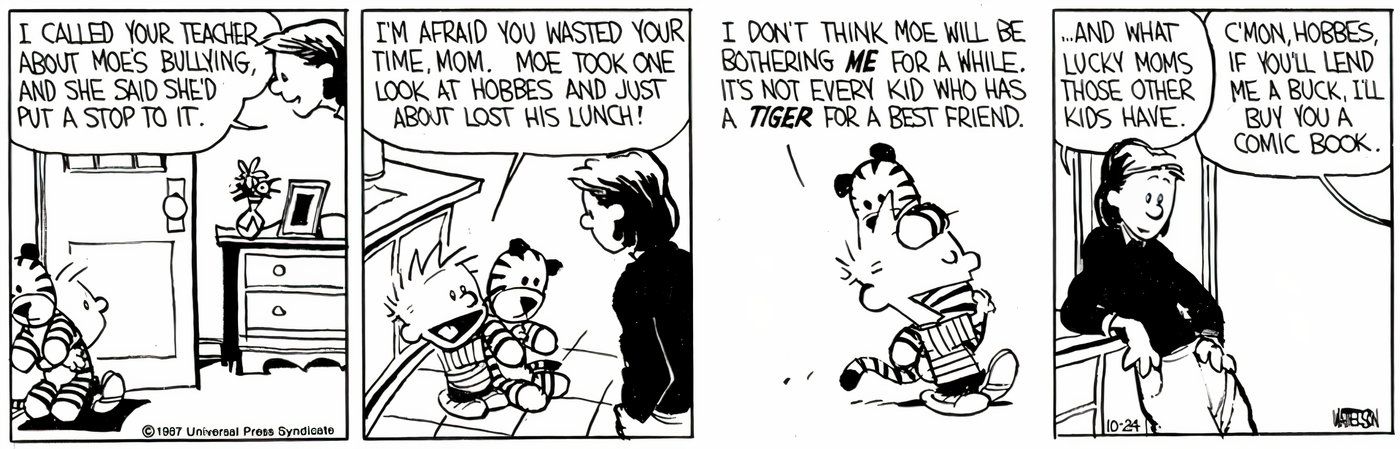 Calvin with his stuffed animal Hobbes, talking to his mom.