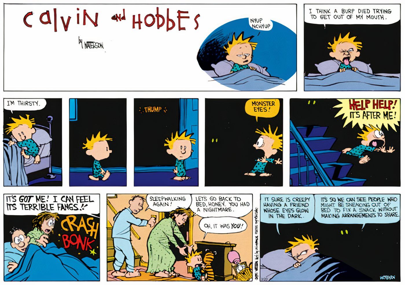 Hobbes scarring Calvin with his glowing cat eyes in the dark.