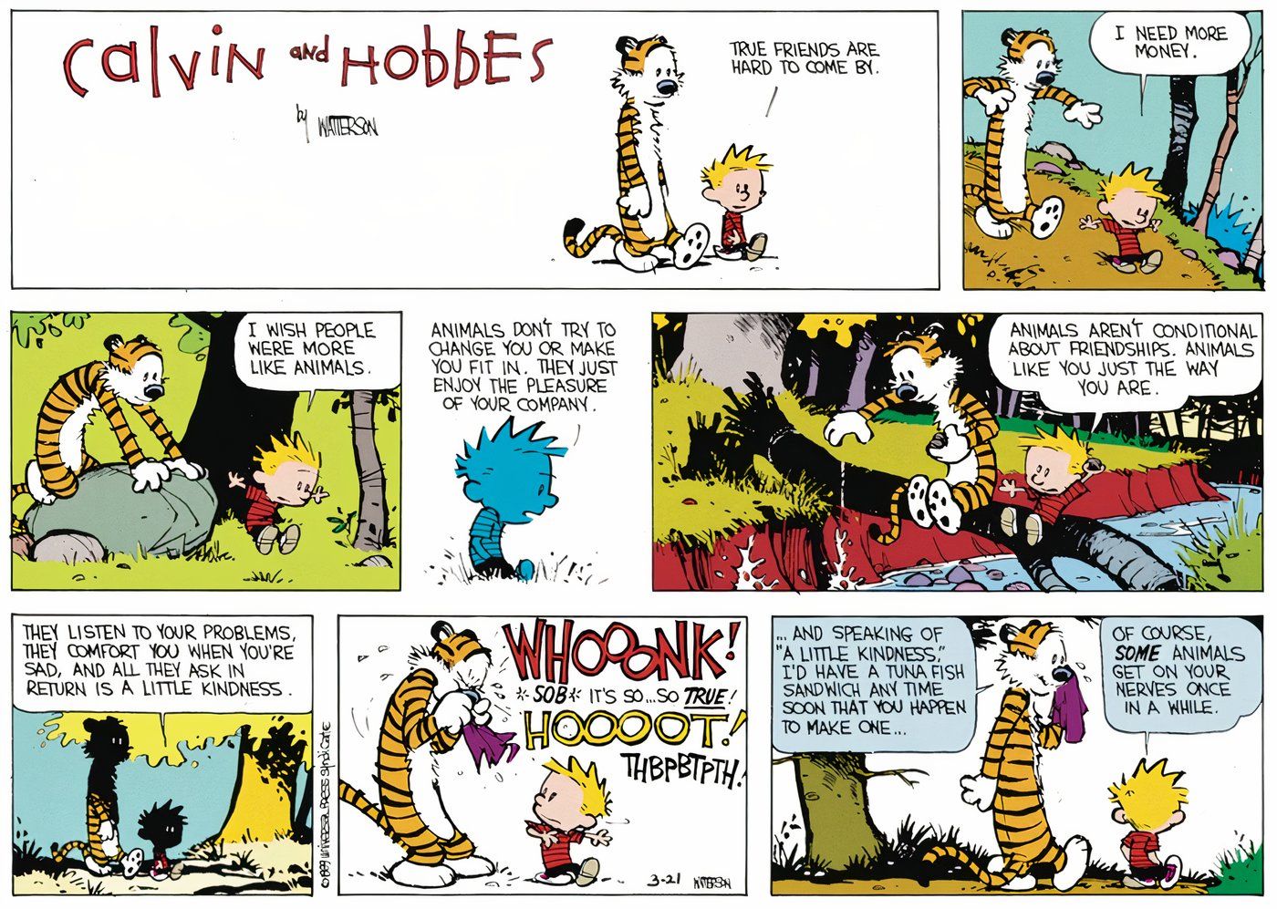 Calvin and Hobbes walking through the woods together.