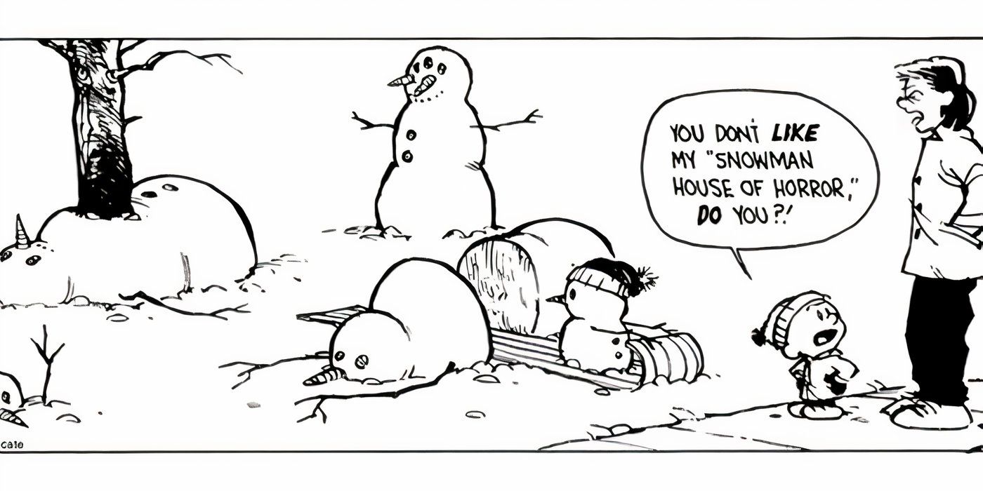 Calvin and Hobbes' Calvin showing his mom the dead snowmen he created.