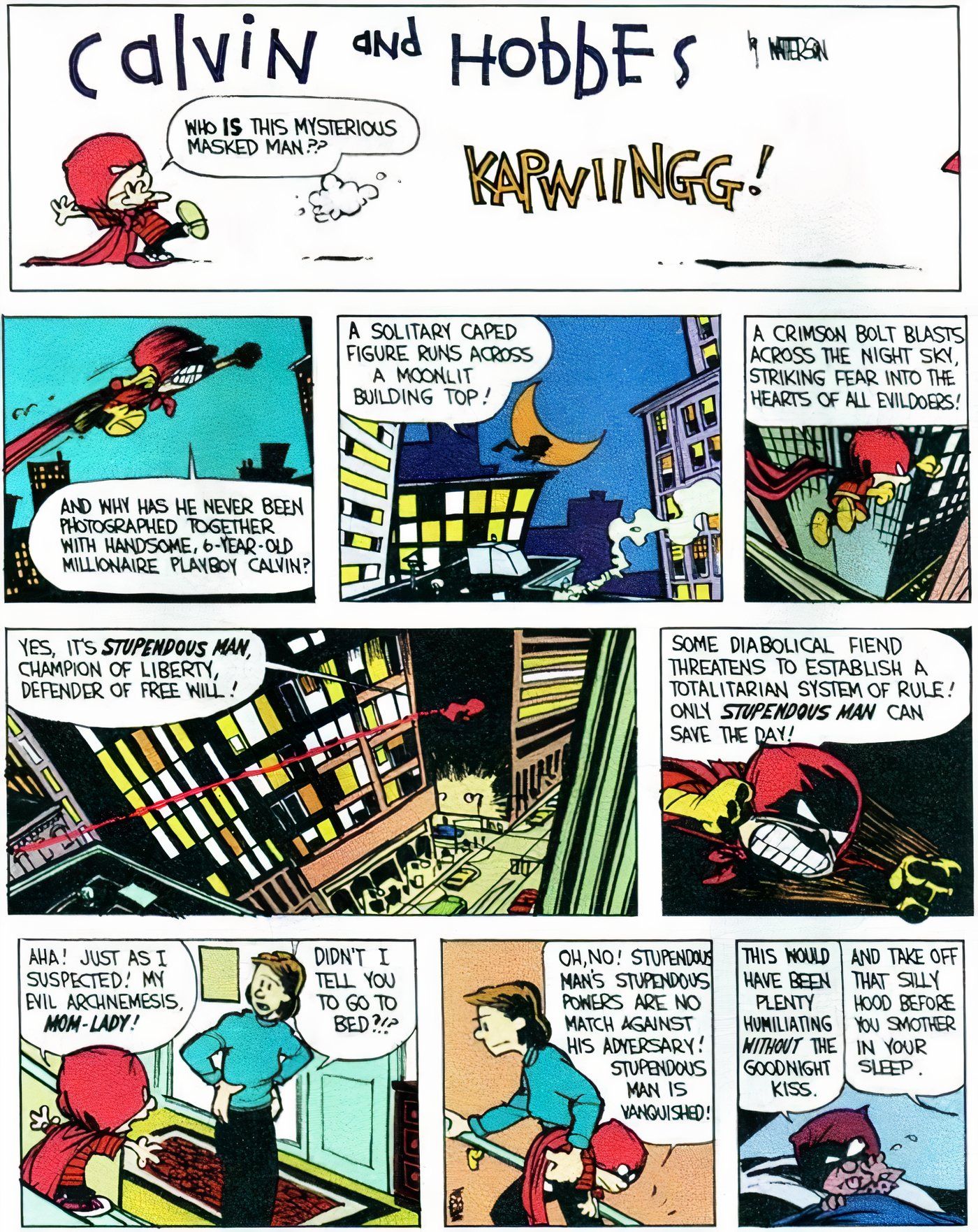 Calvin and Hobbes' Calvin as Stupendous Man flying through the city.