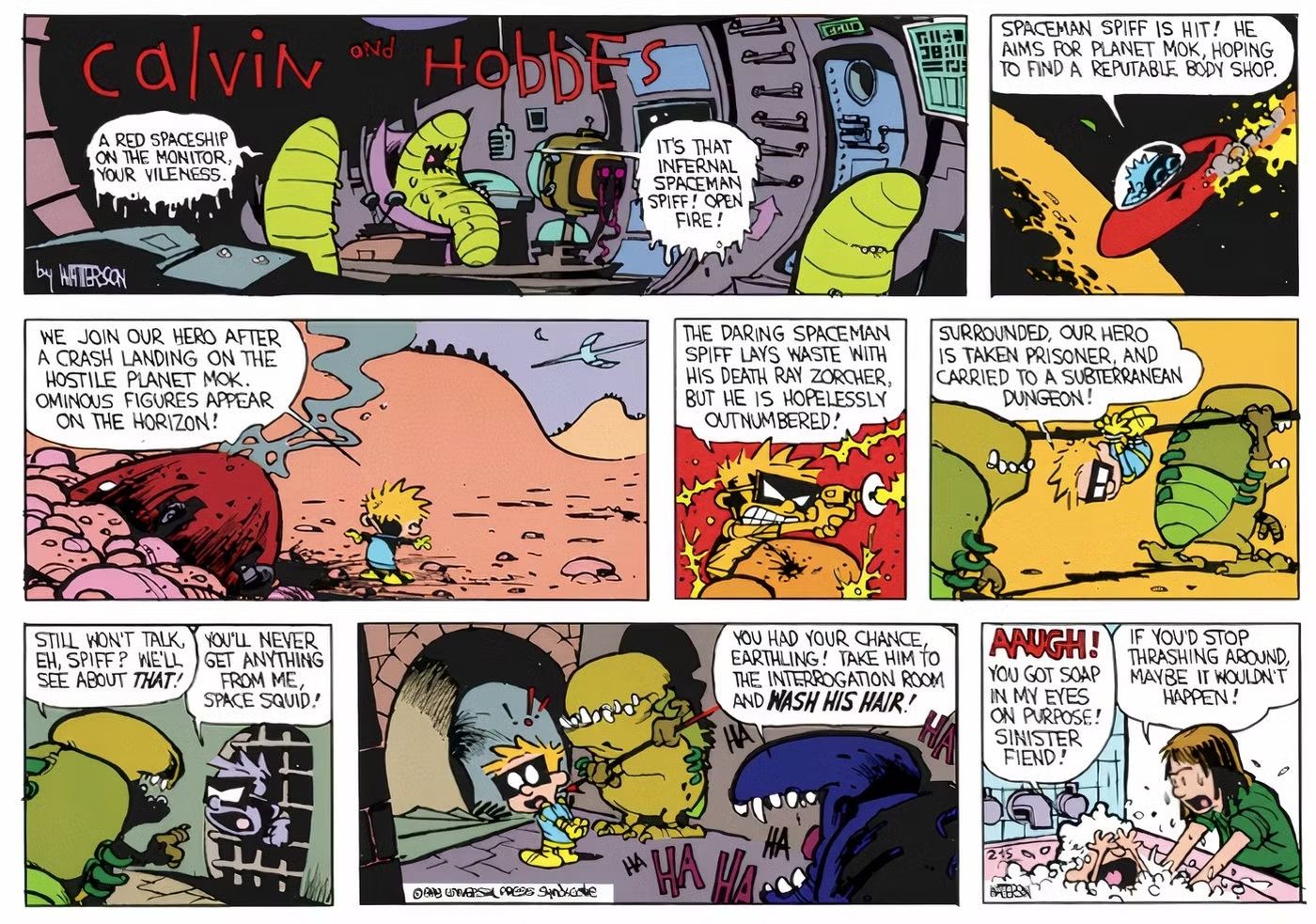 Calvin pretending he's Spaceman Spiff while his mom gives him a bath in Calvin and Hobbes.