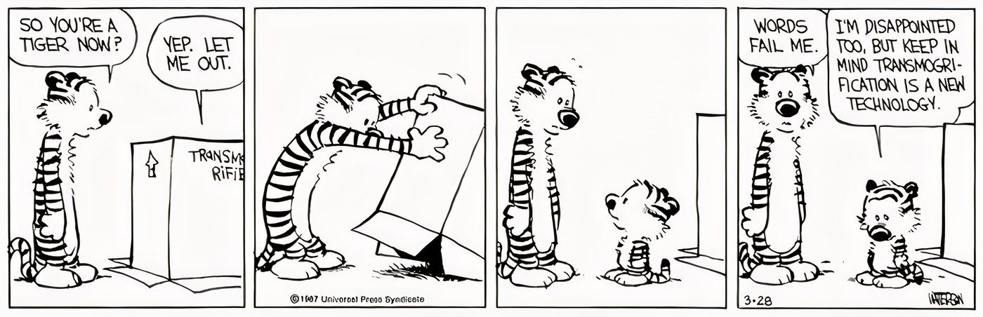 Calvin becoming a mini Hobbes after using the Transmogrifier.