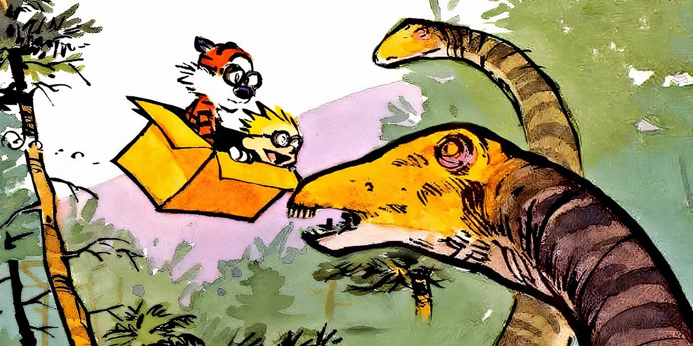 Calvin and Hobbes flying in a cardboard box above some dinosaurs.