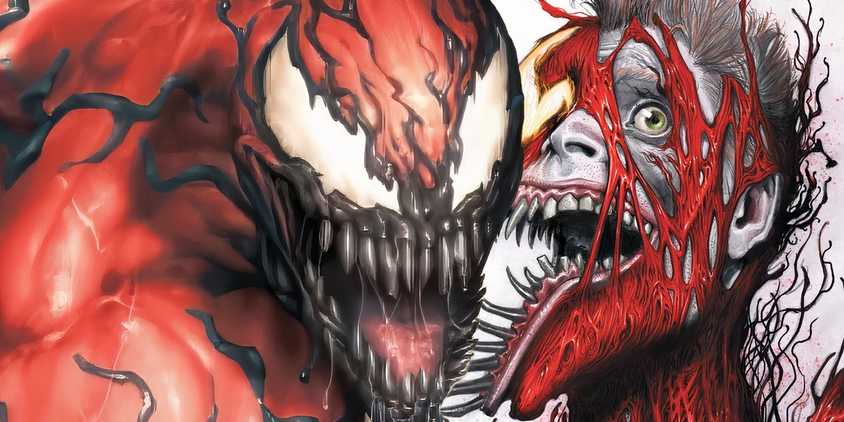 Carnage with the mutilated face of Cletus Kasady behind him.