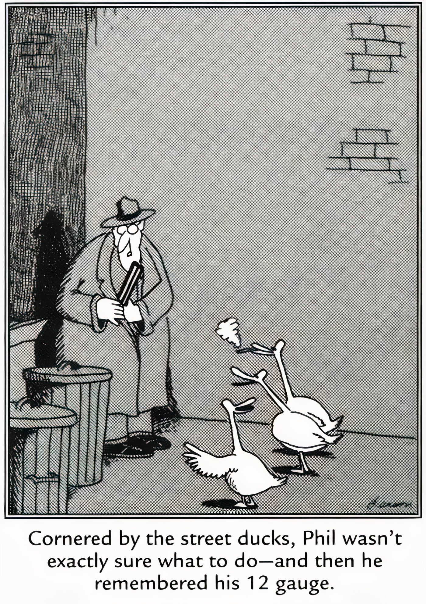 &lsquo;Street ducks&rsquo; harassing a man in a dark alley in The Far Side.