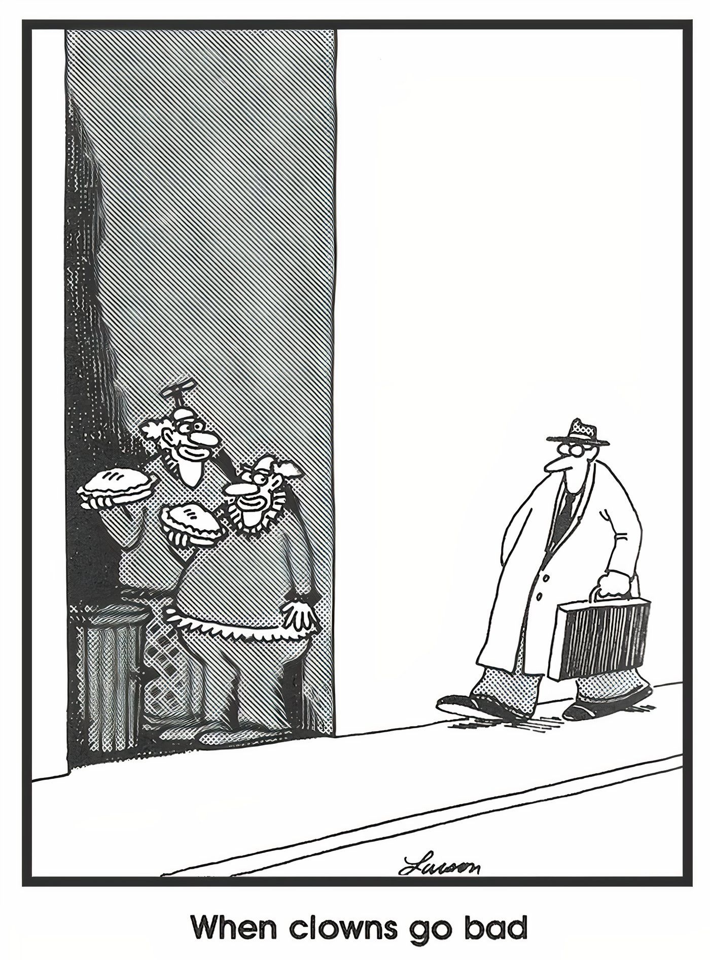 Two clowns about to throw a pie in someone&rsquo;s face in The Far Side.