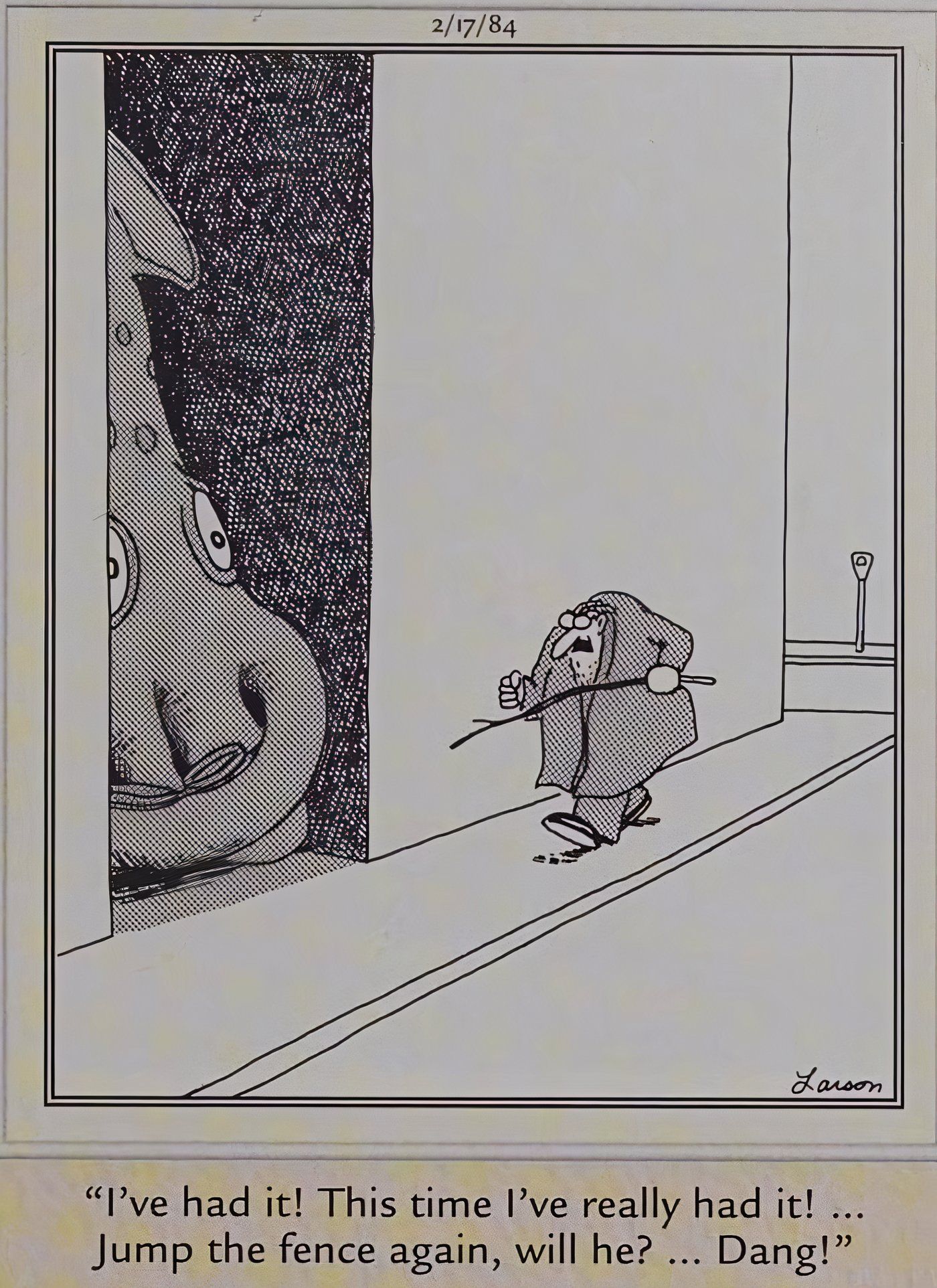 A man looking for his pet giant squid, who&rsquo;s hiding in a dark alley in The Far Side.