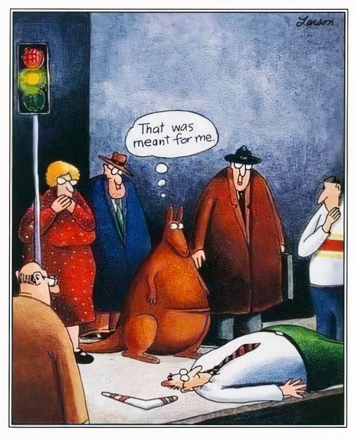 A kangaroo looking down at a man who was killed by a boomerang in The Far Side.
