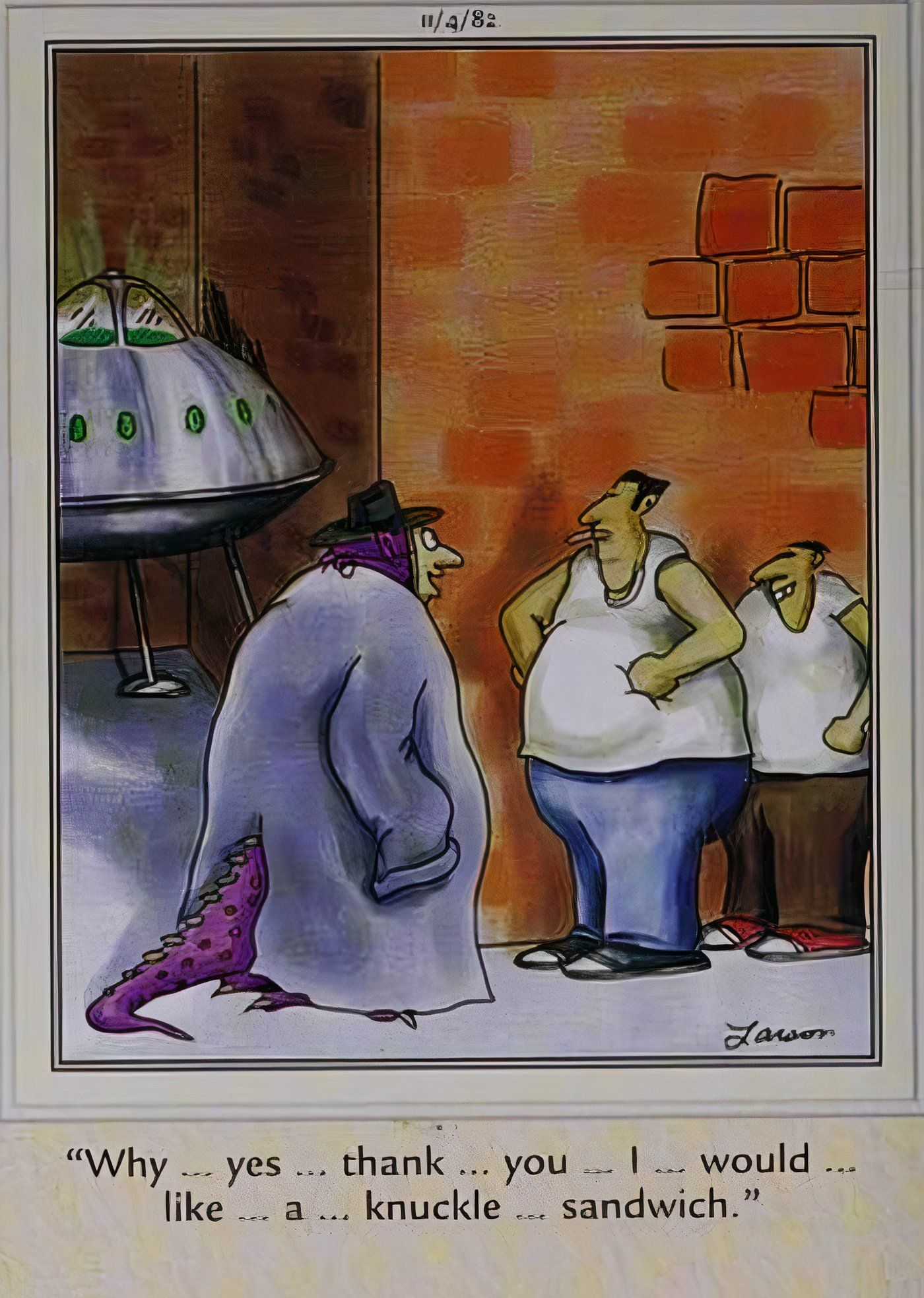 An alien about to get a &lsquo;knuckle sandwich&rsquo; in a back alley in The Far Side.