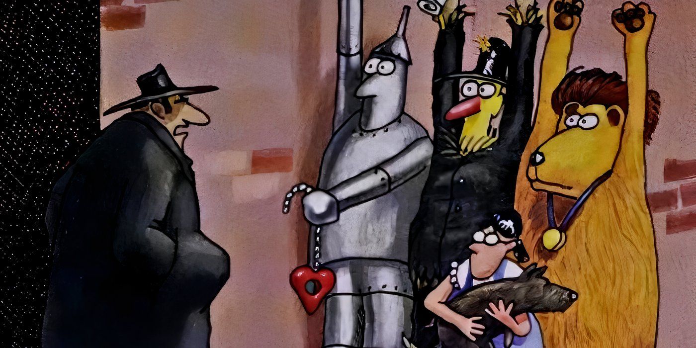 The cast of the Wizard of Oz getting mugged in The Far Side.