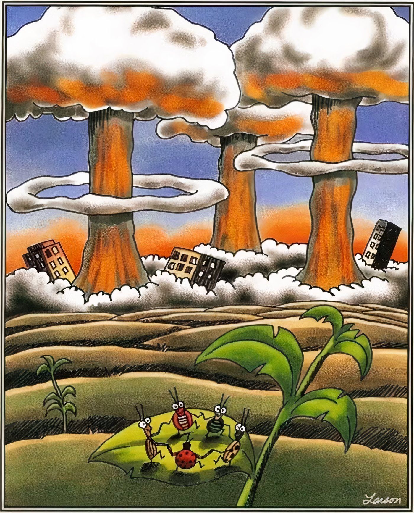A circle of bugs dancing on a leaf with nuclear bombs going off behind them in The Far Side.