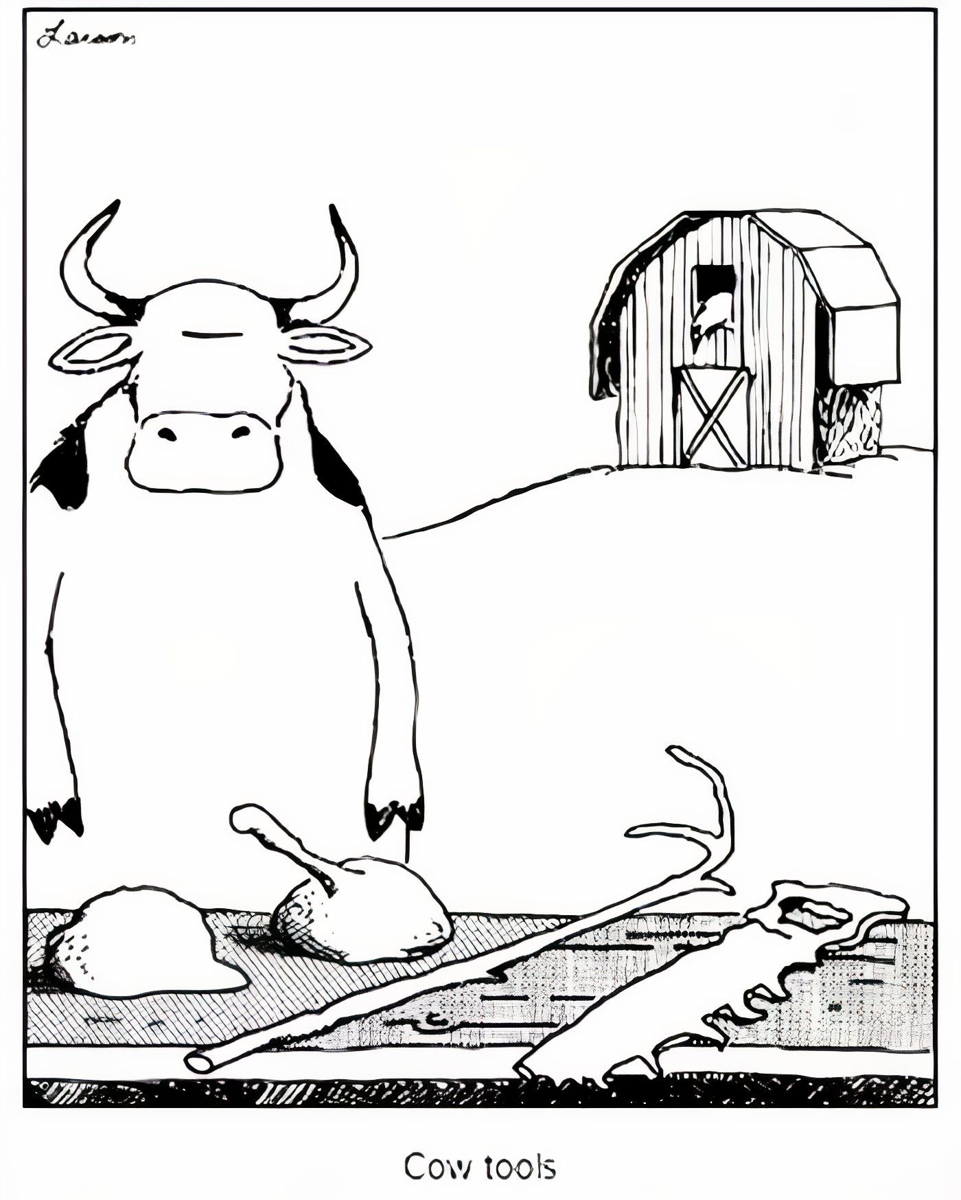 A cow standing in front of a table with cow tools on it in The Far Side.