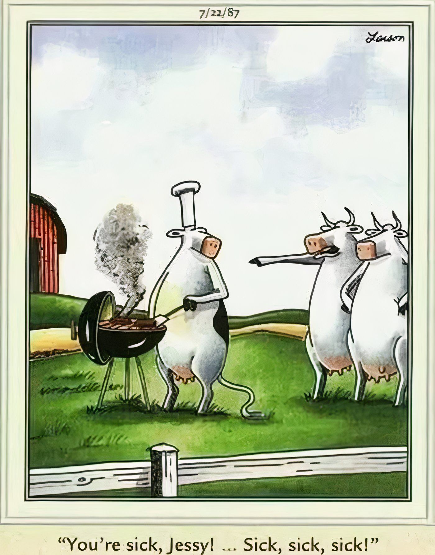 A cow grilling hamburgers in The Far Side.