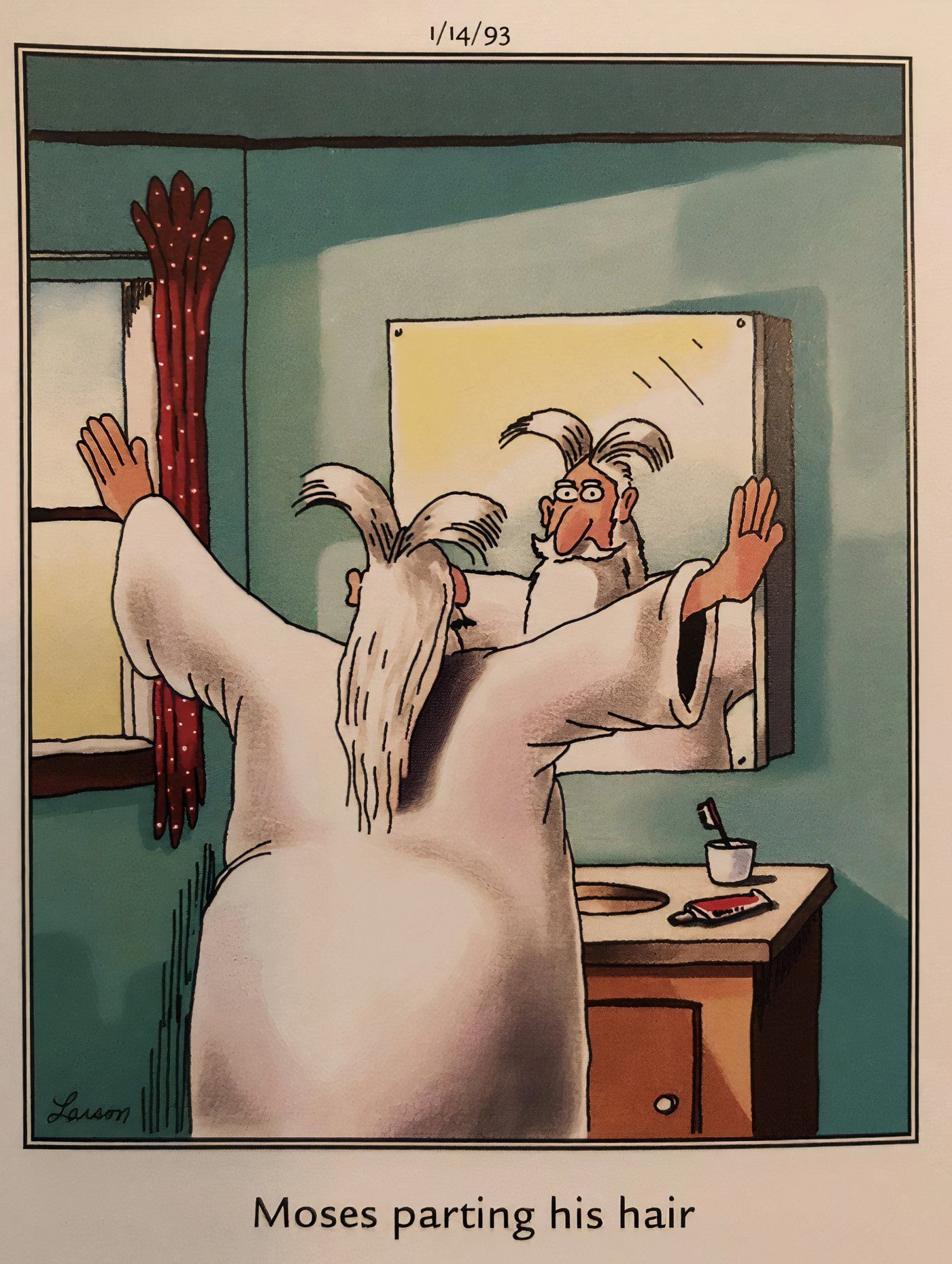 Moses parting his hair with the power of God in The Far Side.