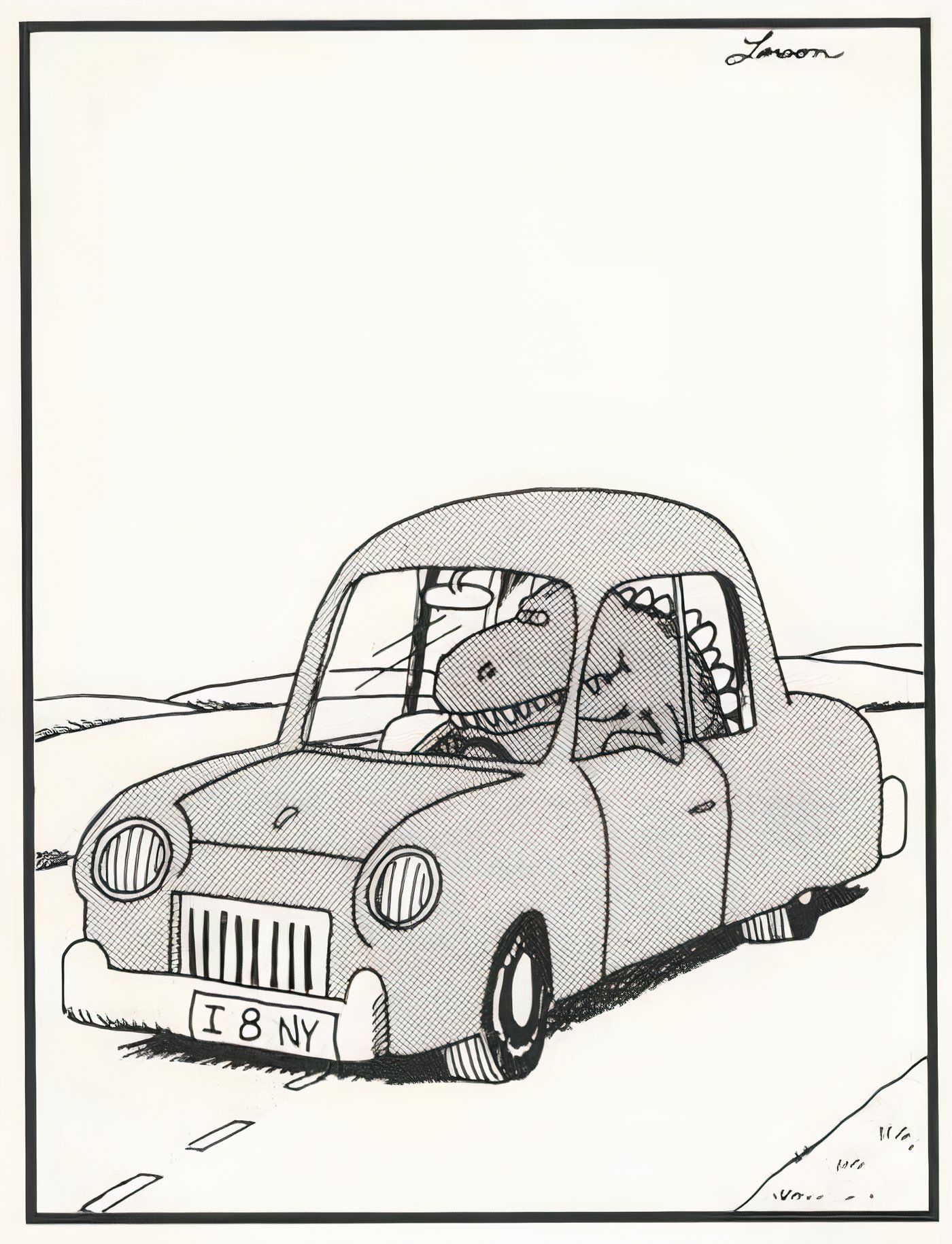 Godzilla driving a car in The Far Side.