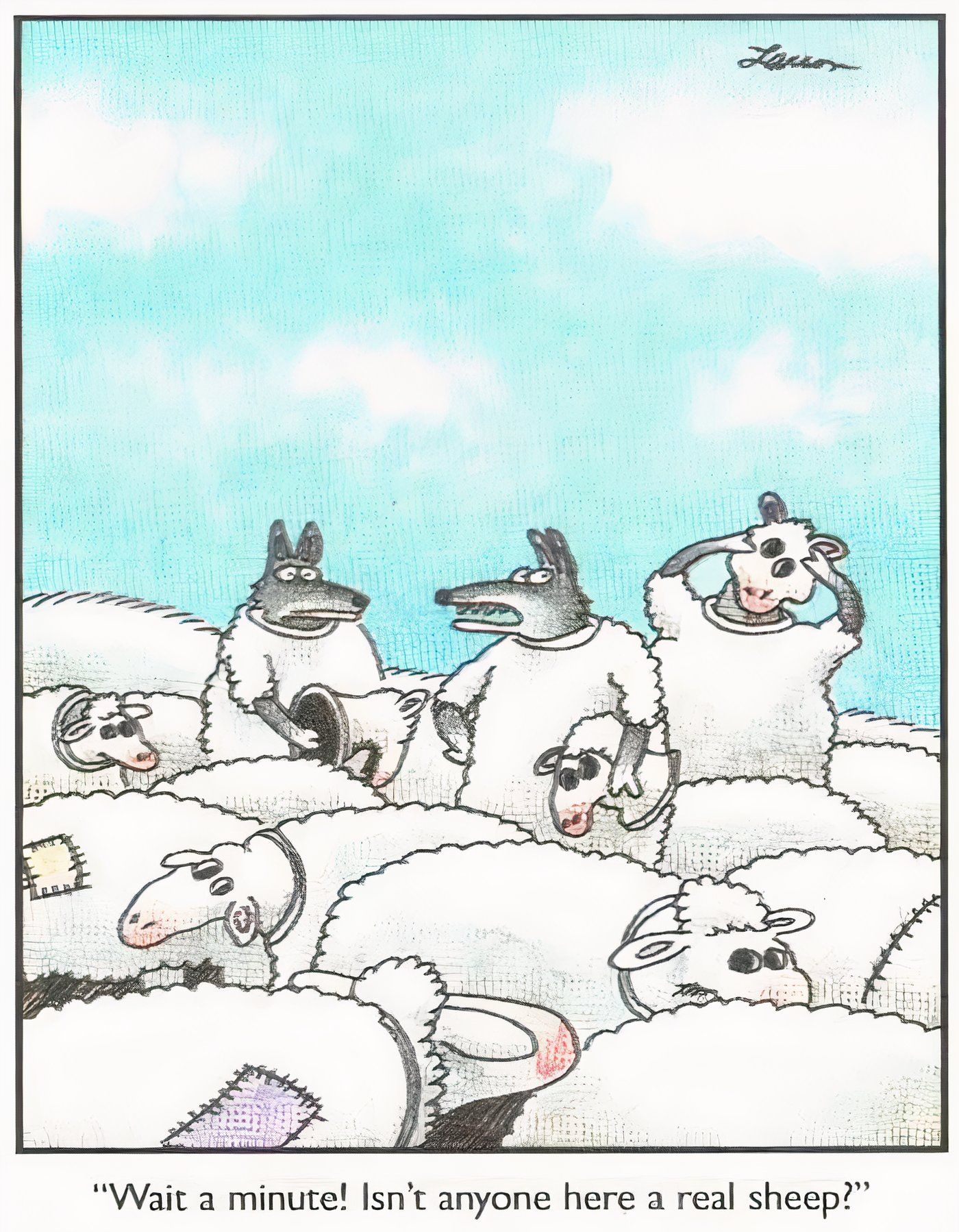 Wolves in sheep's clothing in The Far Side.