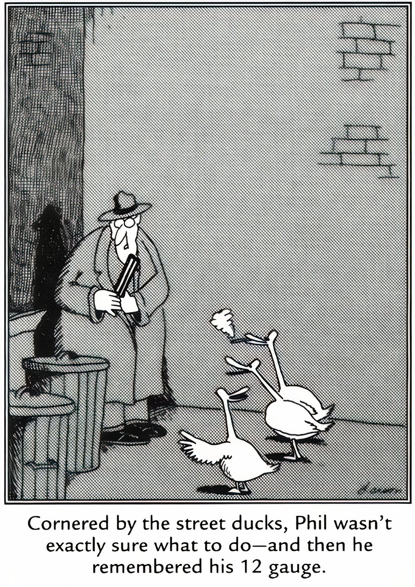 Street Ducks surrounding a man in an alley in The Far Side.