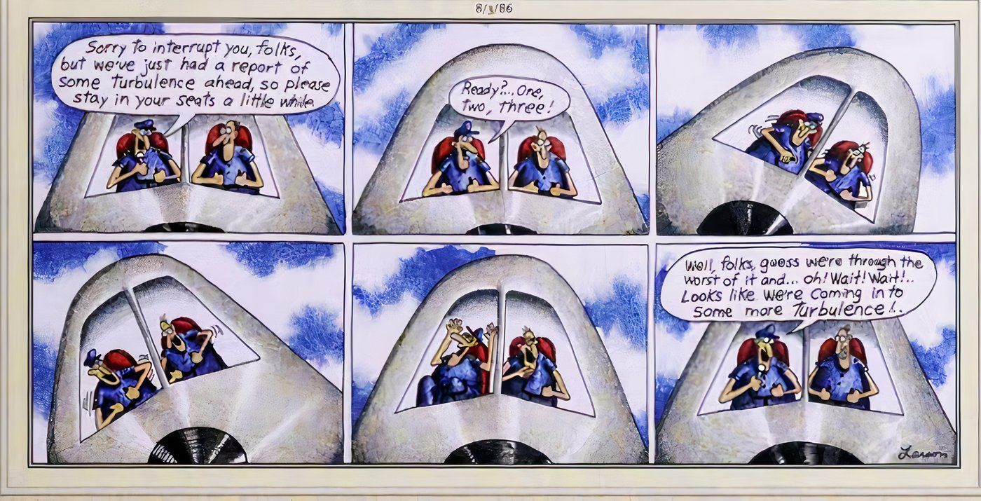 Pilots pretending there&rsquo;s turbulence in The Far Side.