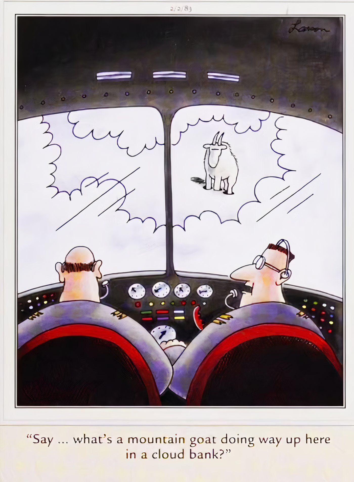 Two pilots about to fly their plane into the side of a mountain while looking at a mountain goat in The Far Side.