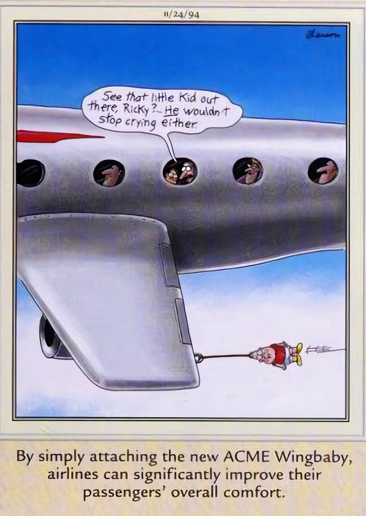 A baby hanging from the wing of a plane in The Far Side.