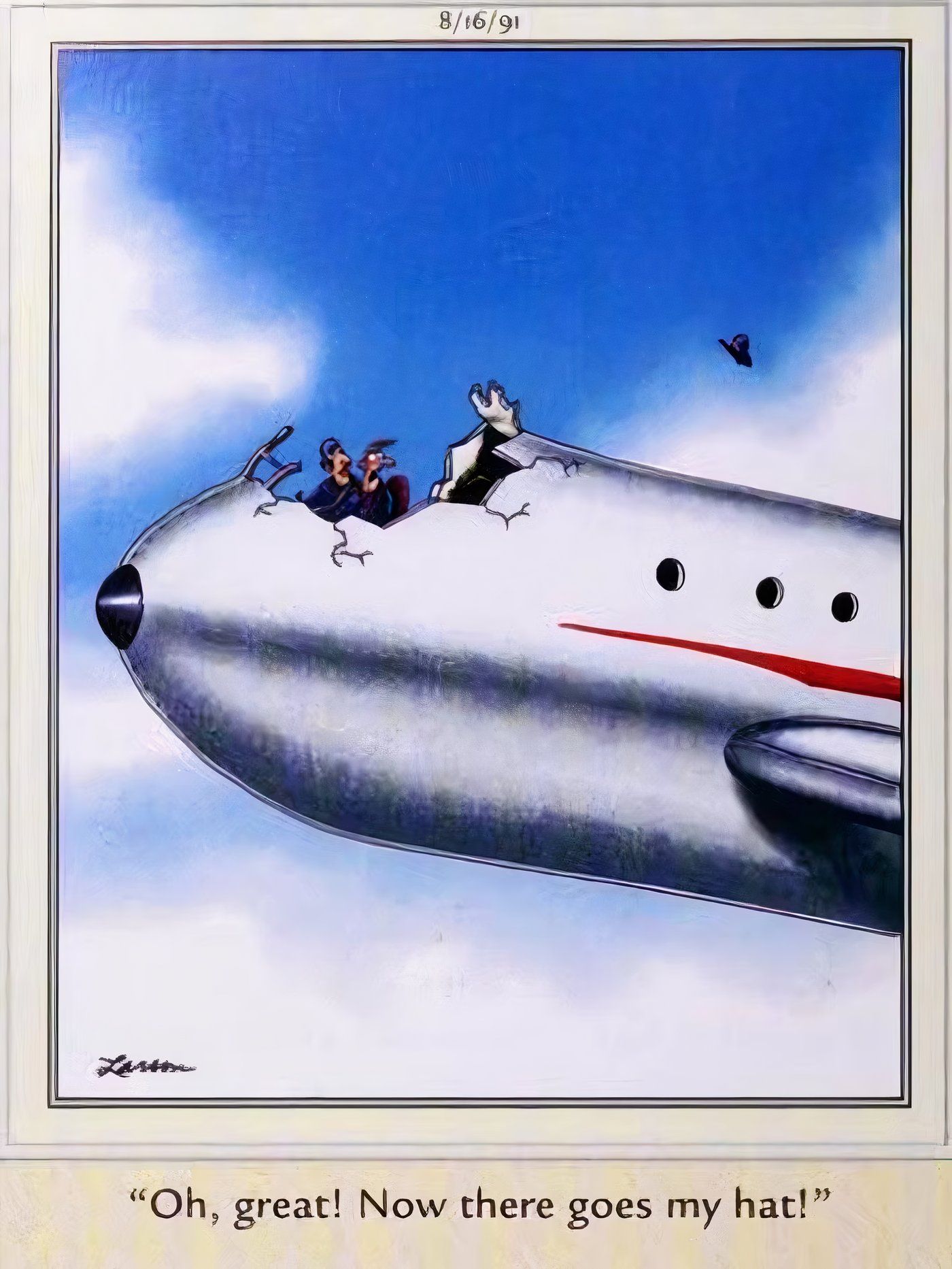 The top of a plane&rsquo;s cockpit is ripped off in The Far Side.