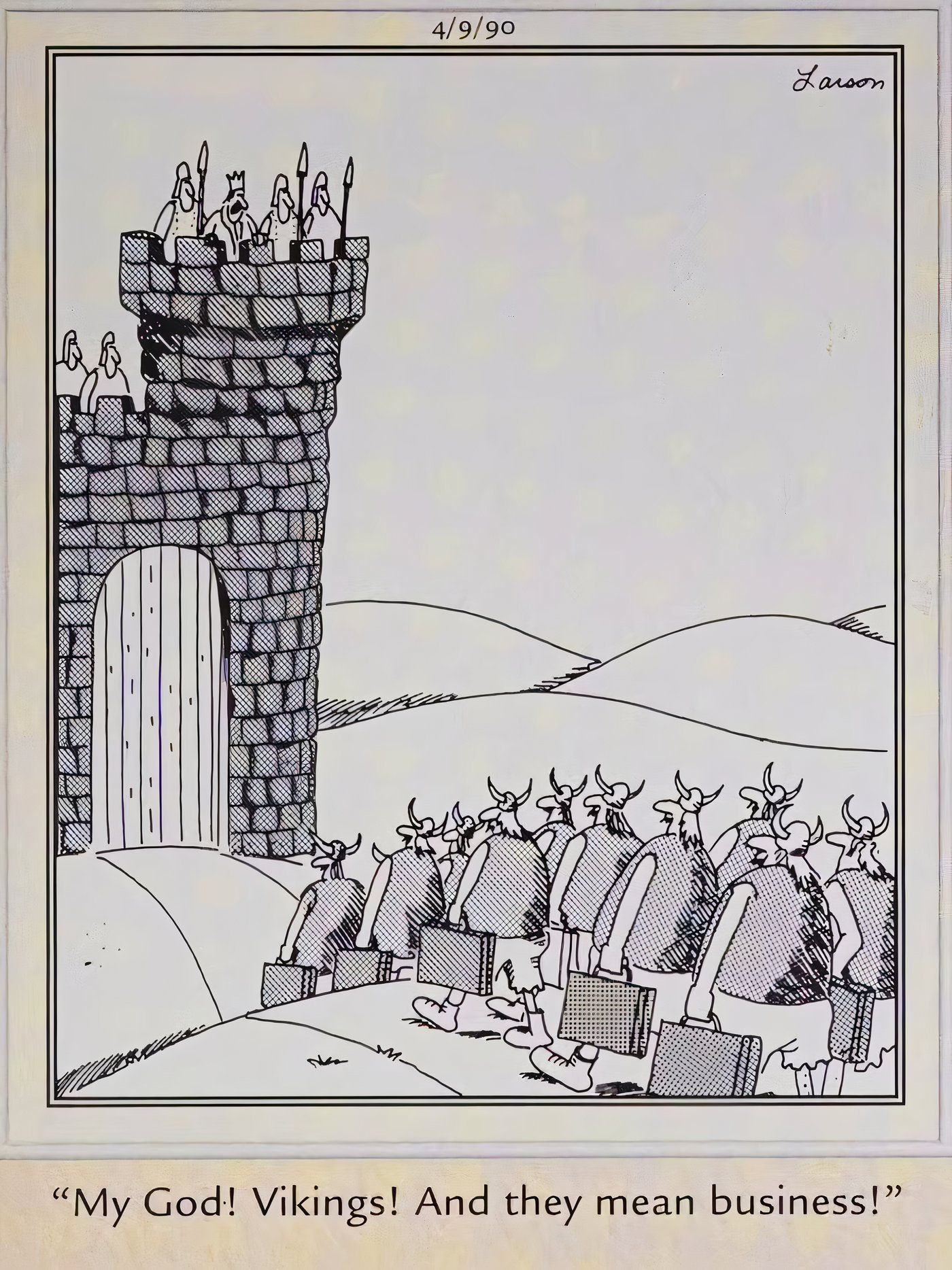 Vikings storming a castle with briefcases in The Far Side.