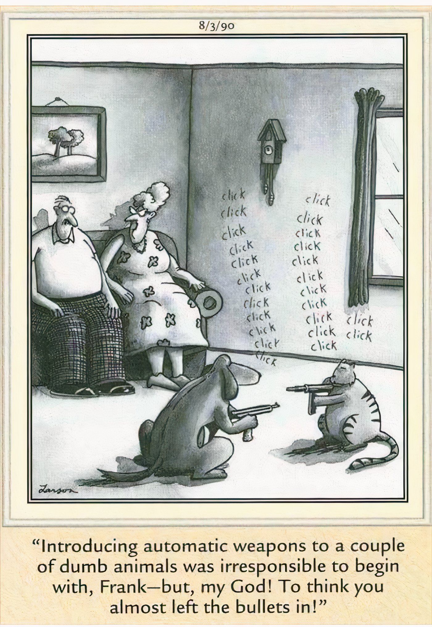 A cat and a dog threatening to shoot each other in The Far Side.
