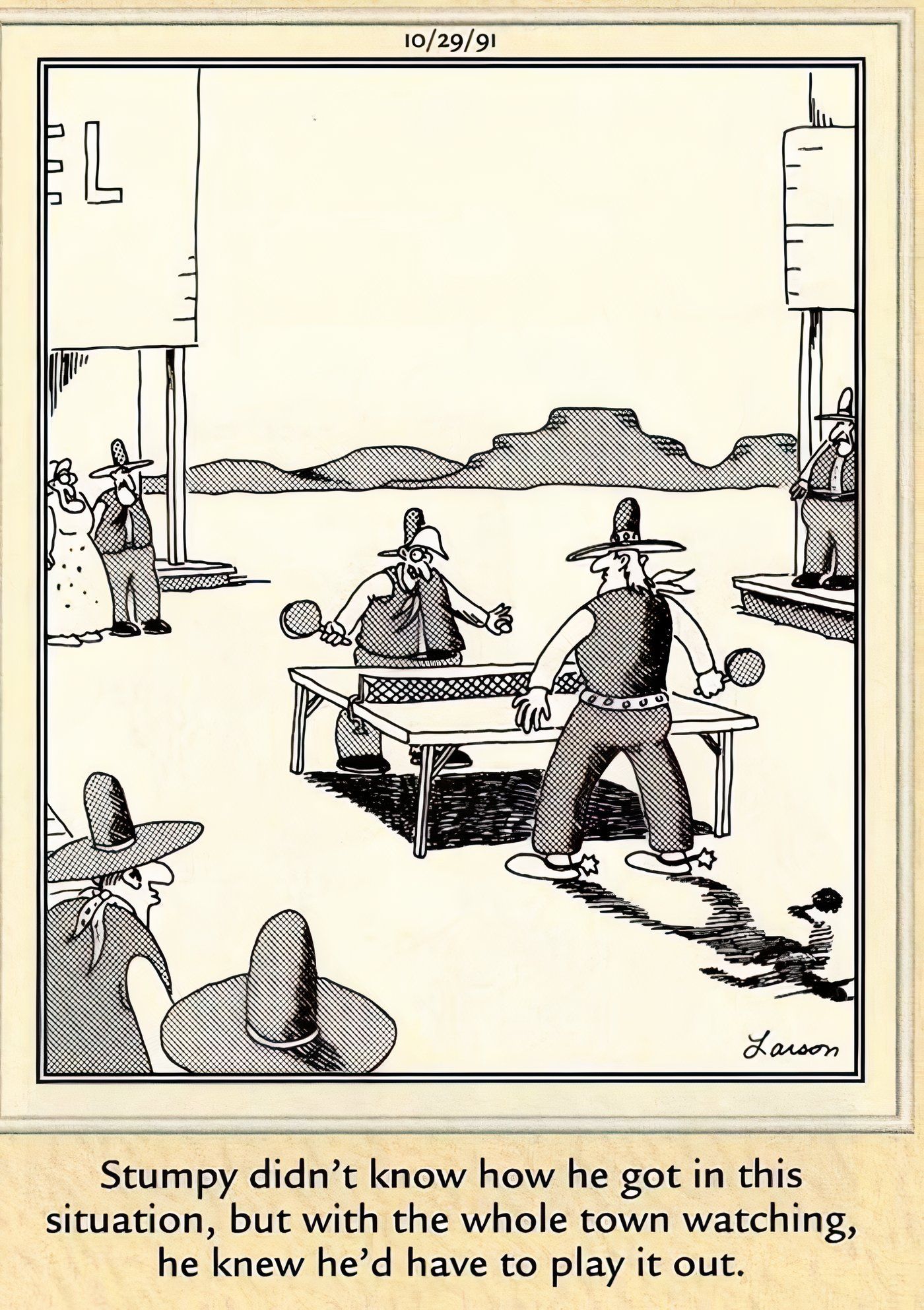 Cowboys playing table tennis in The Far Side.