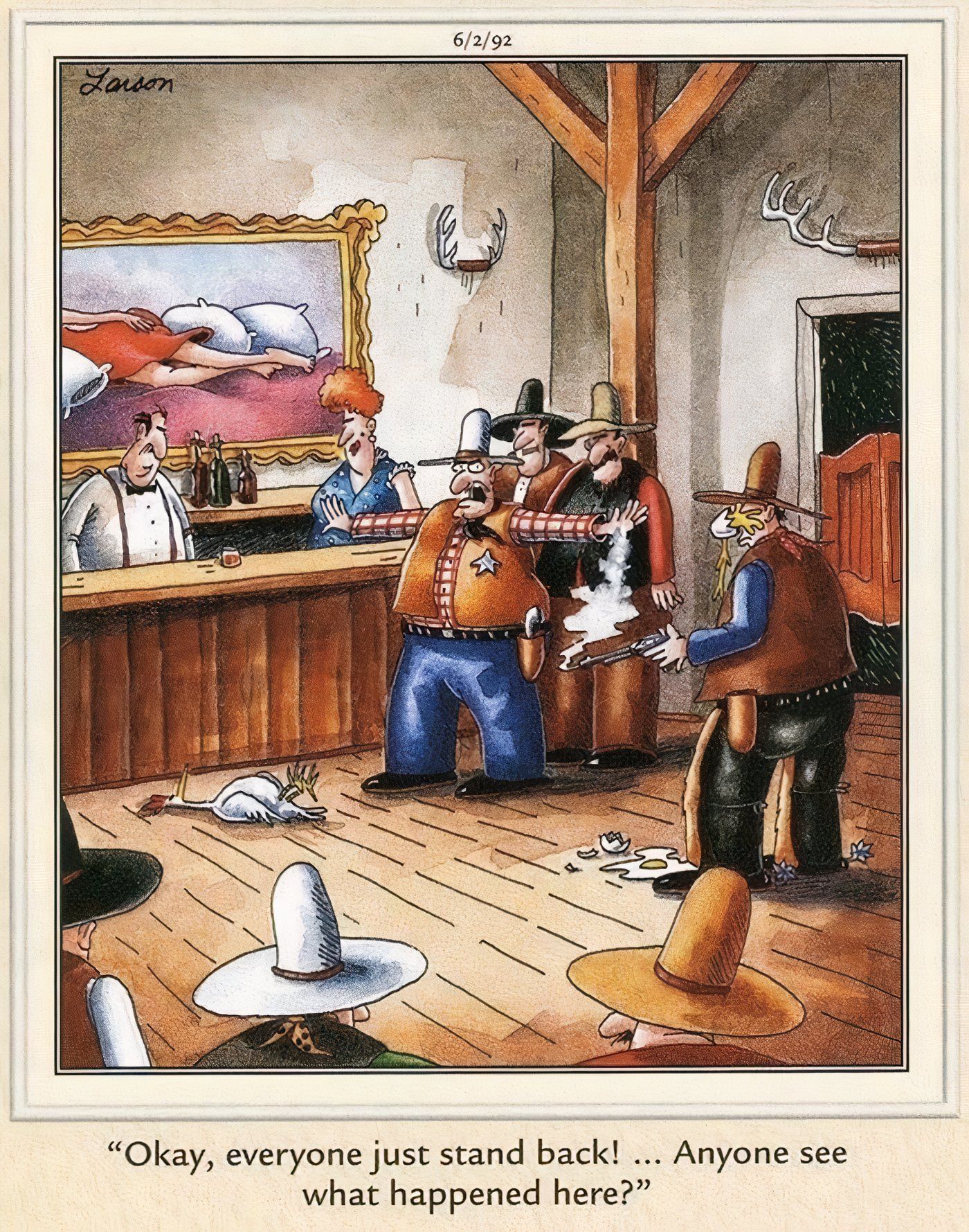 A cowboy shooting a chicken in The Far Side.