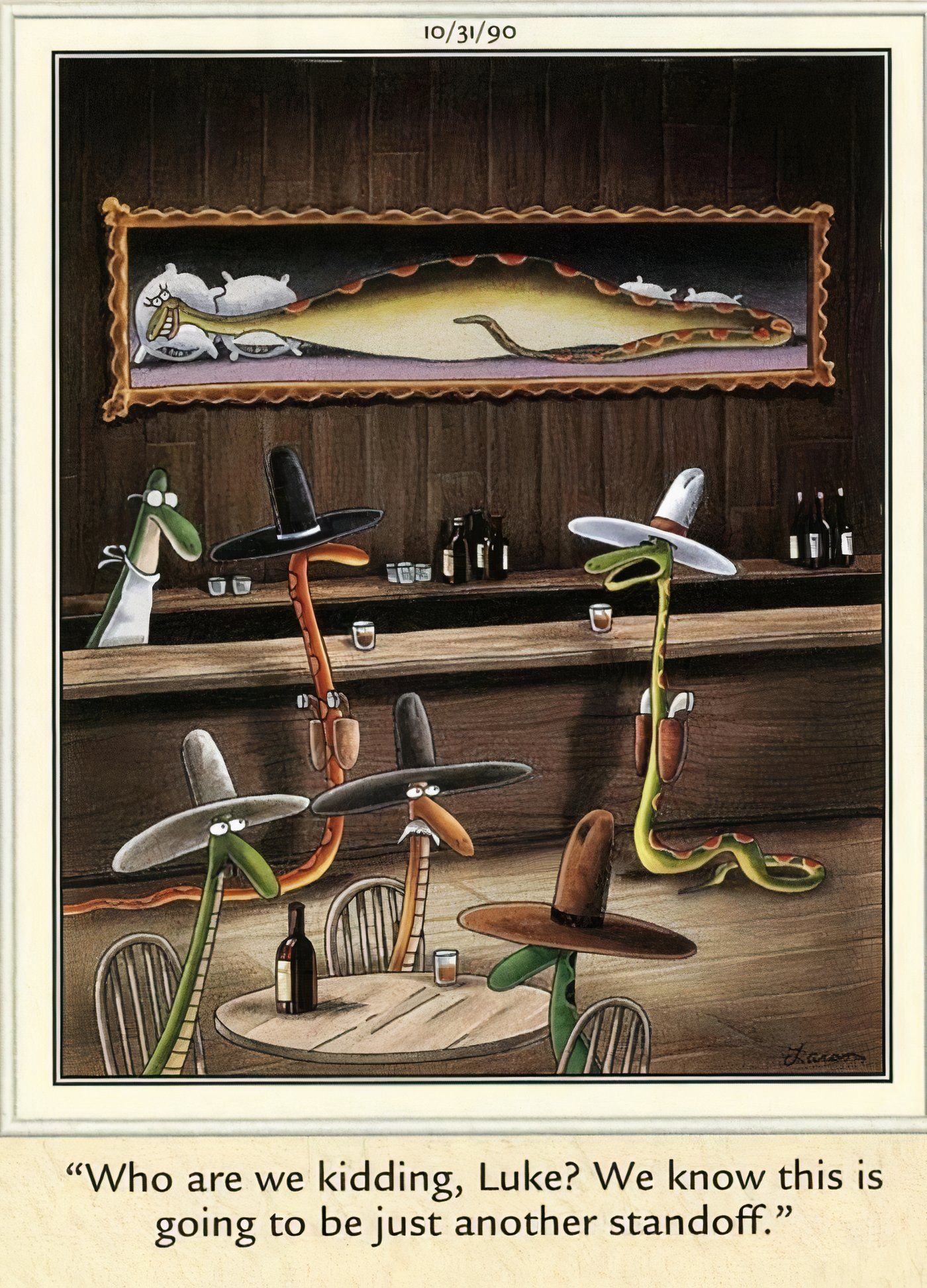 Two cowboy snakes in a stand-off in The Far Side.