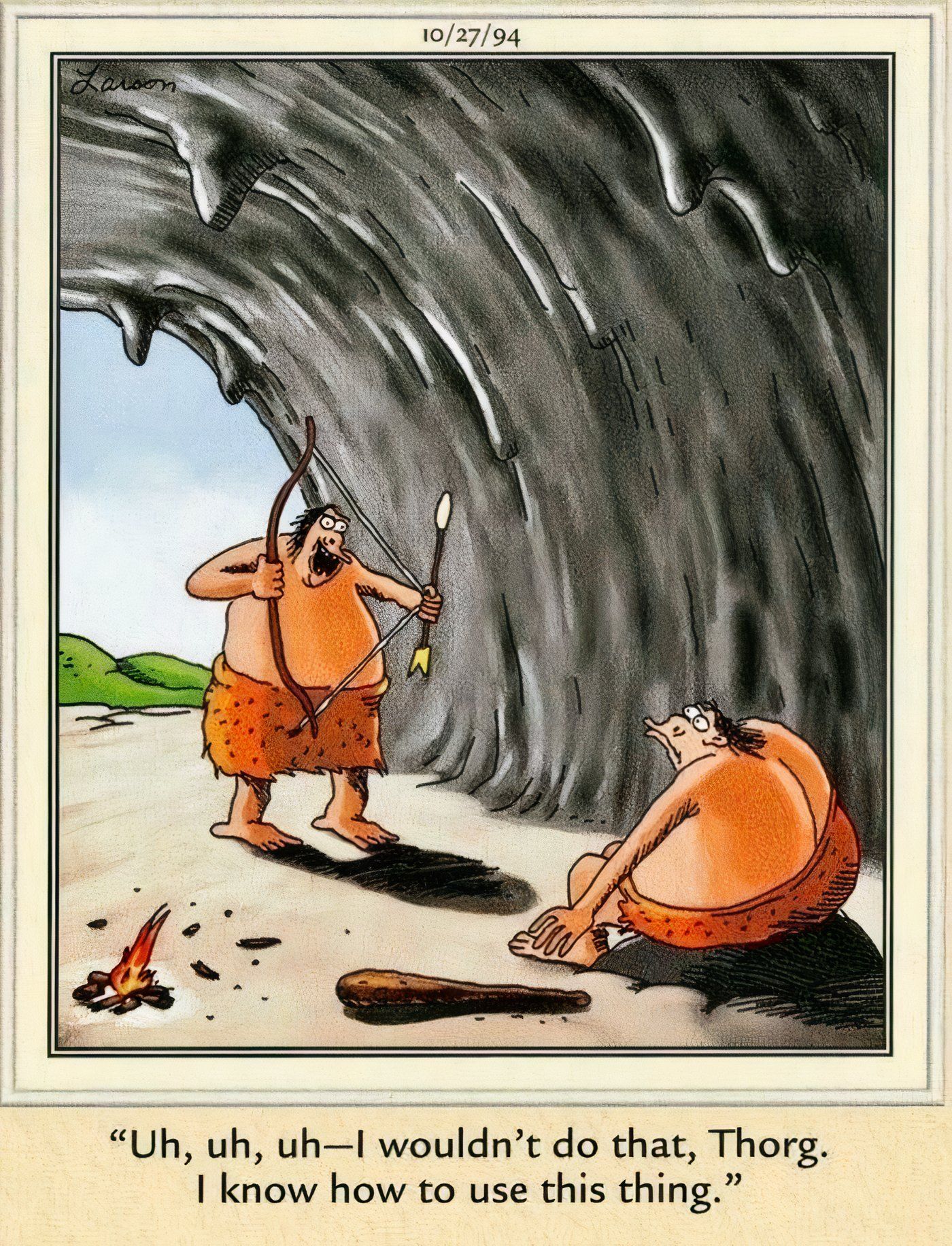 A caveman threatening another with a bow and arrow in The Far Side.