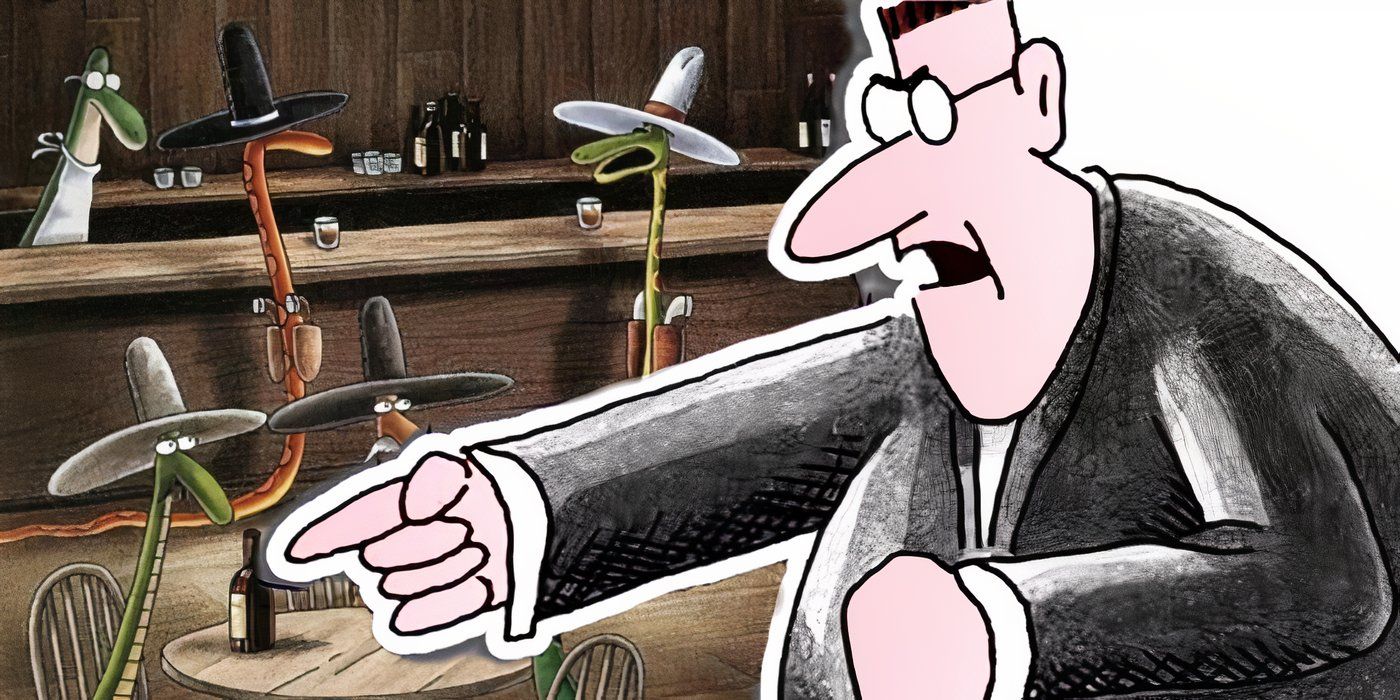 A man pointing his finger in anger at a couple of cowboy snakes in The Far Side.