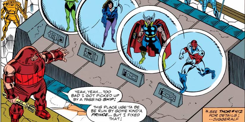 The Juggernaut trapping Thor and other heroes in bubble prisons on an alien world.