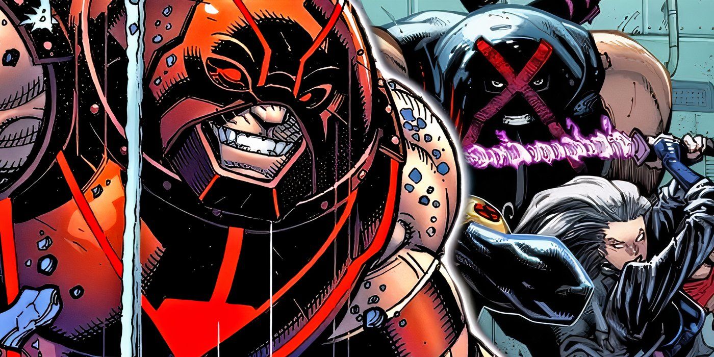 The Juggernaut with an evil appearance with the Juggernaut as a member of the X-Men behind him.