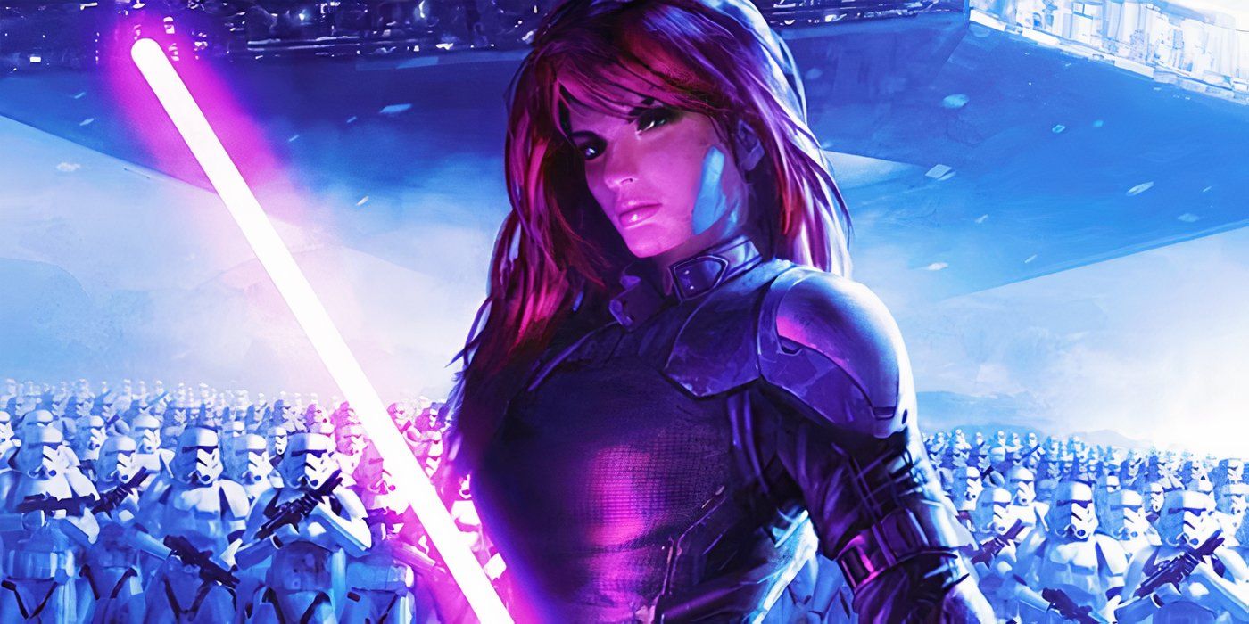 Star Wars Legends' Mara Jade with an army of Stormtroopers behind her.
