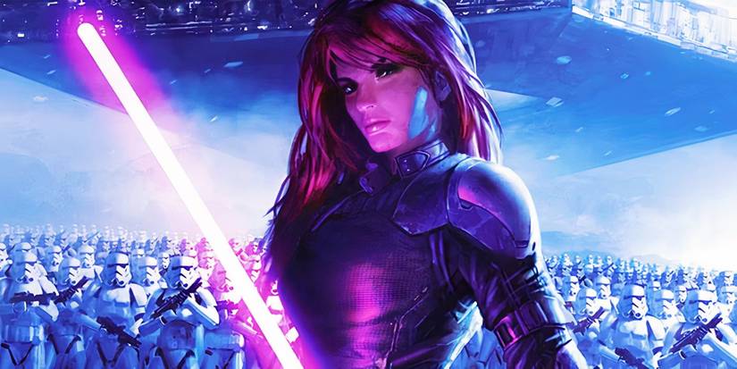 Star Wars Legends' Mara Jade with an army of Stormtroopers behind her. 