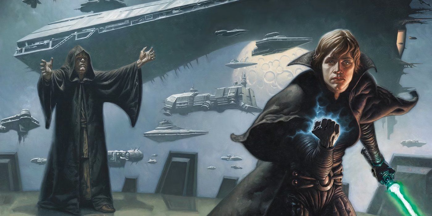 Sith Lord Luke Skywalker with Emperor Palpatine behind him.