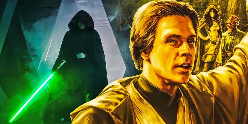 Luke Skywalker from Star Wars Legends with his canon counterpart wielding his green lightsaber behind him.