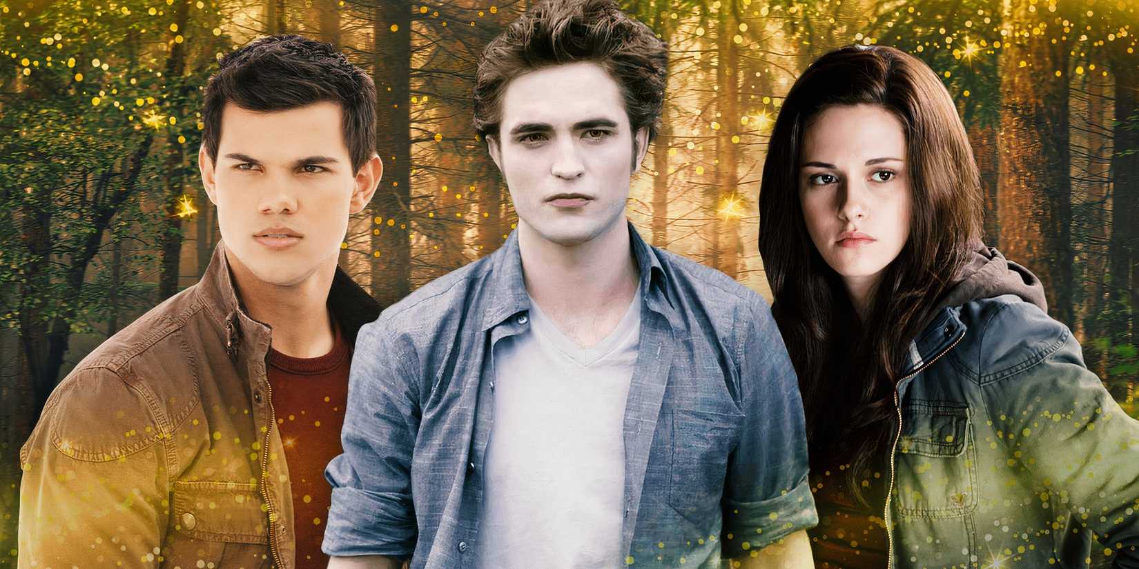 Bella, Edward, and Jacob from Twilight are in front of a forest.