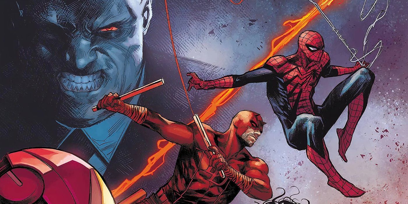 The Kingpin looming over Daredevil and Spider-Man.