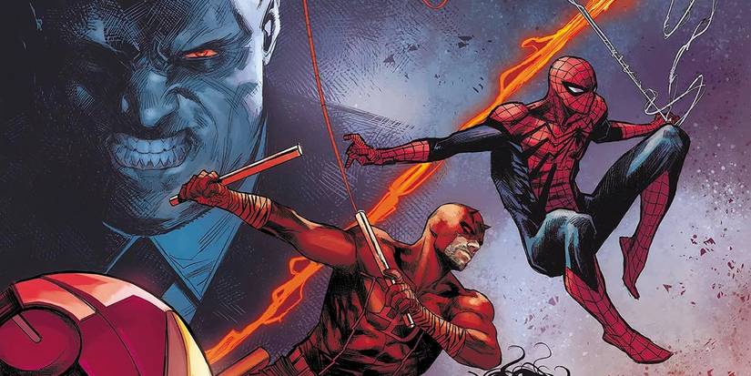 The Kingpin looming over Daredevil and Spider-Man.