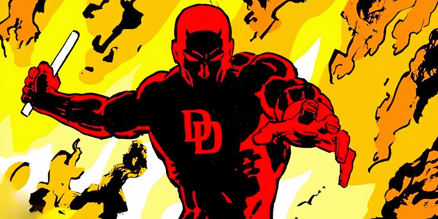 Daredevil wielding his baton with flames behind him.
