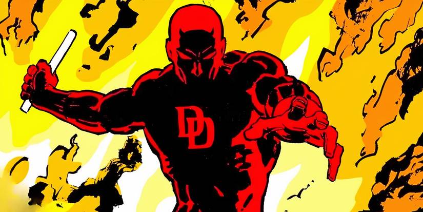 Daredevil wielding his baton with flames behind him.
