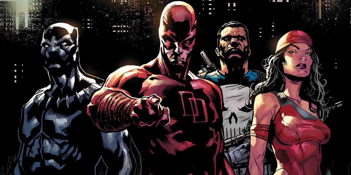 Daredevil, Black Panther, Punisher, and Elektra from Marvel Comics.